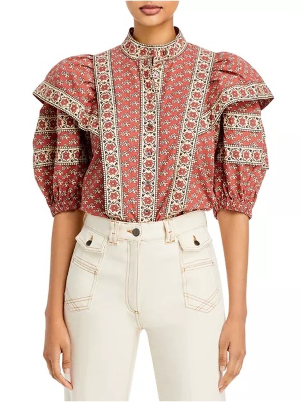 Sea New York Red Floral Puff-Sleeve Popover Top